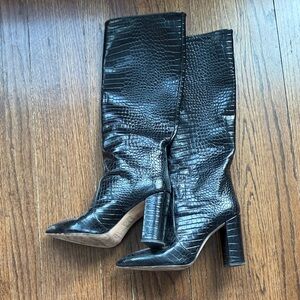 Paris Texas Black Croc-Embossed Pointed Toe Block Heel Boots